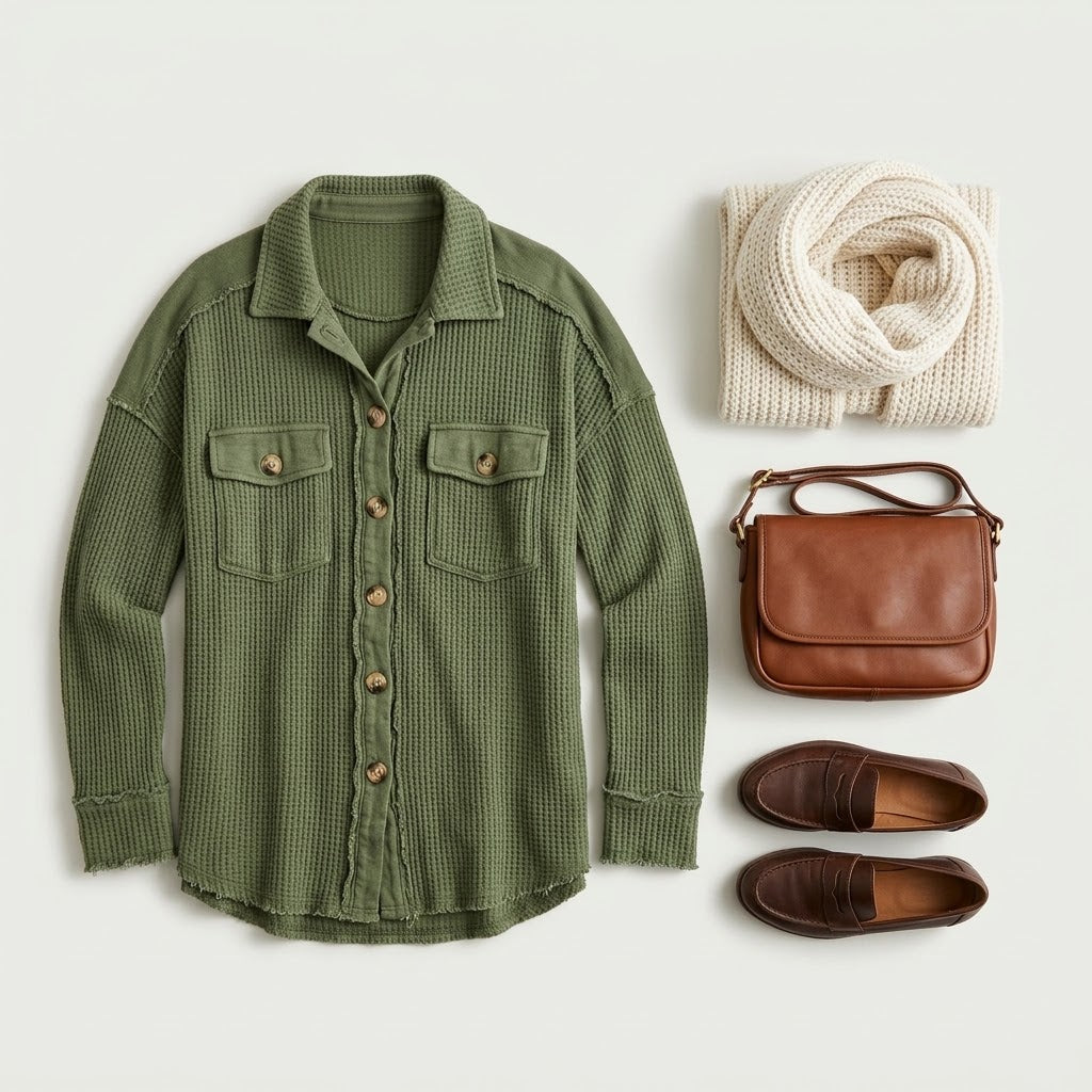 Woman wearing Snuvelle button-up lapel shirt jacket in a solid color