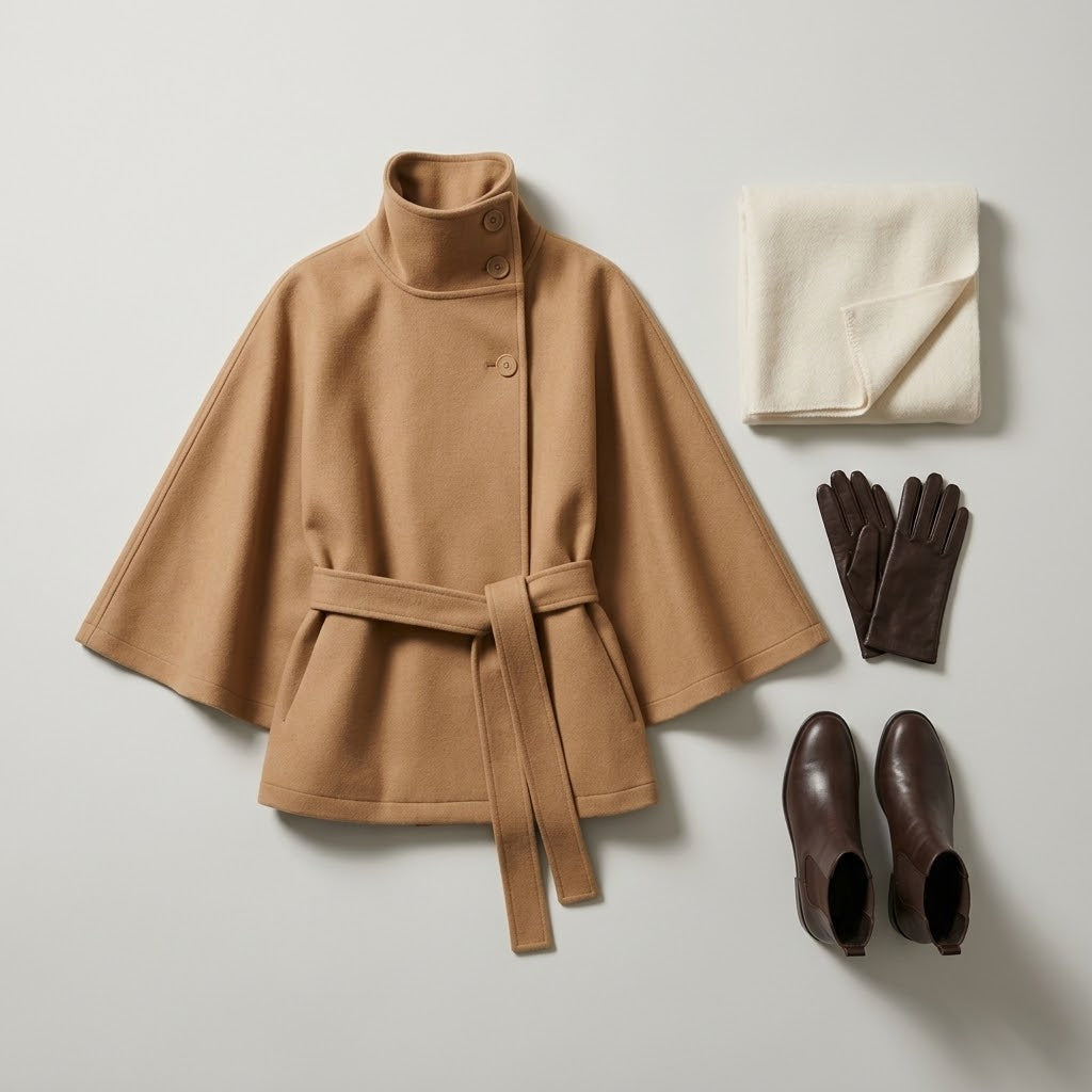Woman wearing Snuvelle high neck batwing belted coat in a solid color