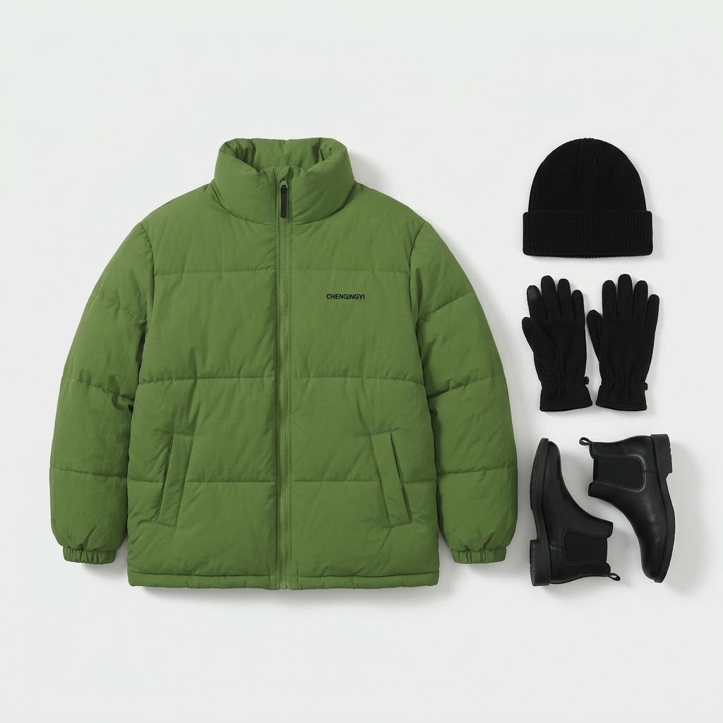 Woman wearing Snuvelle loose fit thick winter jacket in a solid color