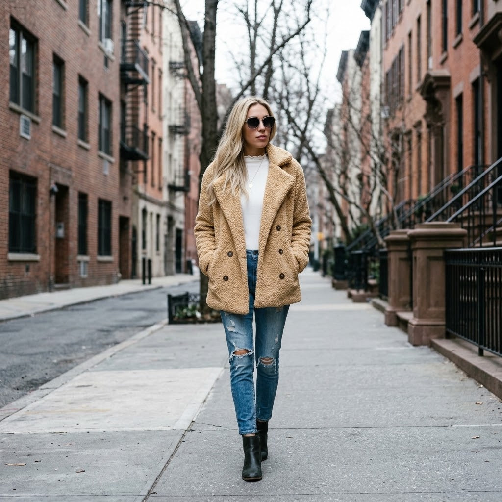 Woman wearing Snuvelle loose fluffy lapel button coat in a soft textured fabric