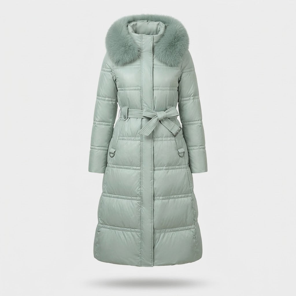 Woman wearing Snuvelle slim belted hooded winter coat with fur-trimmed hood