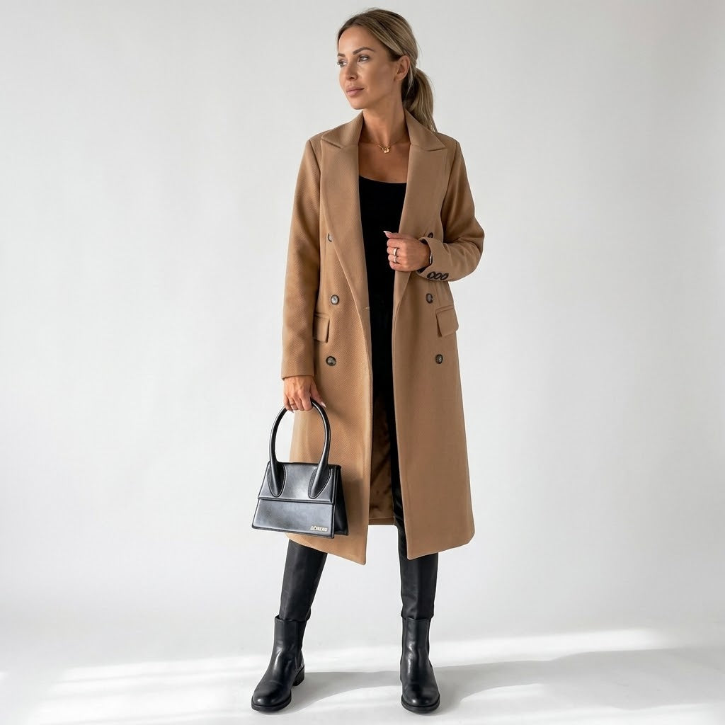 Woman wearing Snuvelle slim double-breasted lapel coat in a solid color