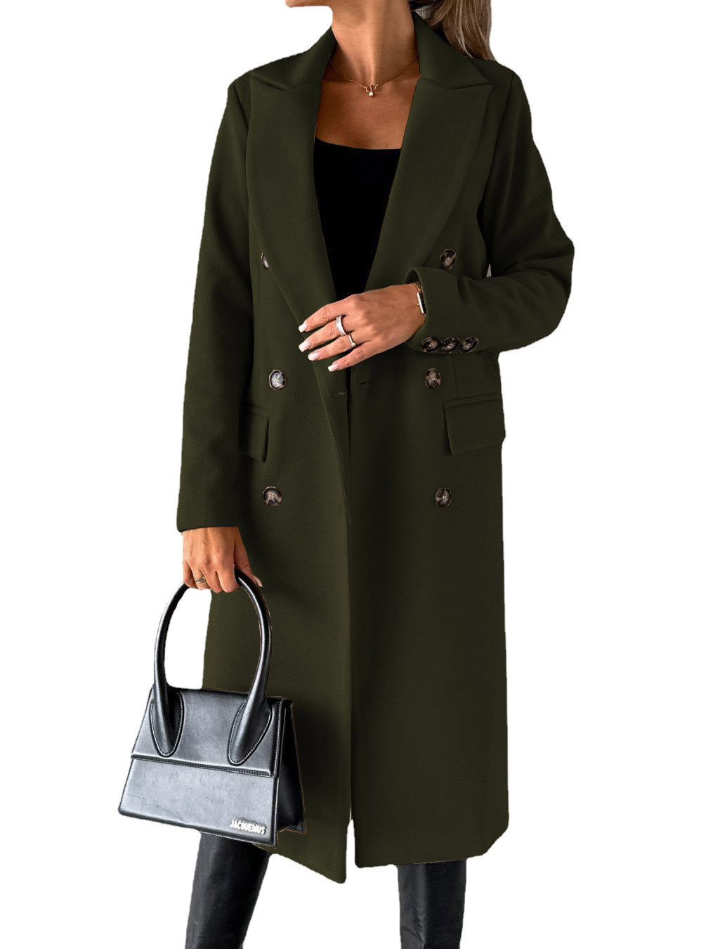 Woman wearing Snuvelle slim double-breasted lapel coat in a solid color