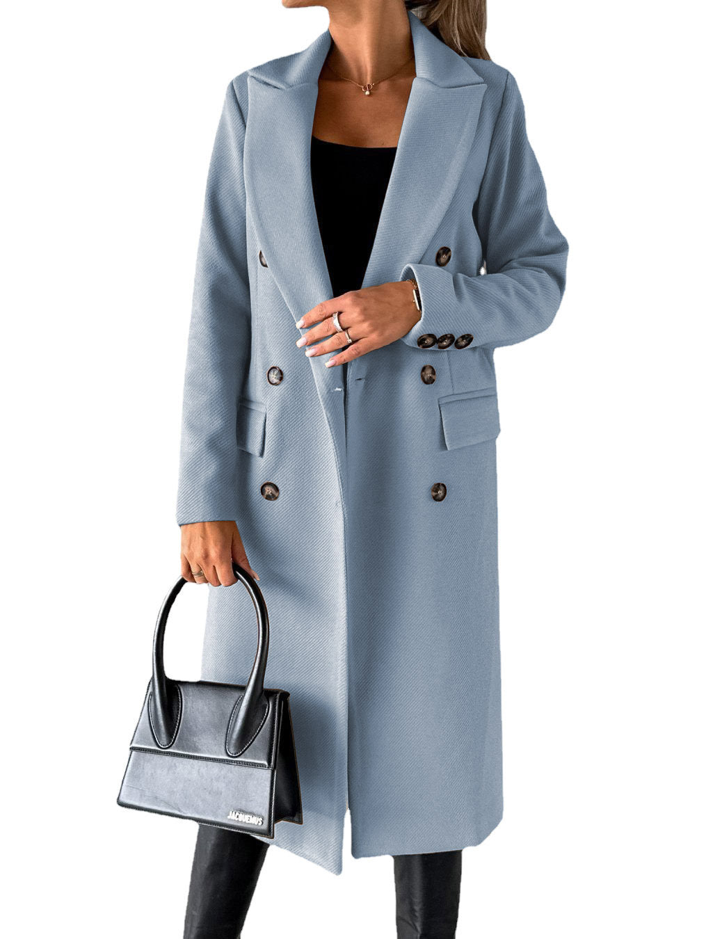 Woman wearing Snuvelle slim double-breasted lapel coat in a solid color