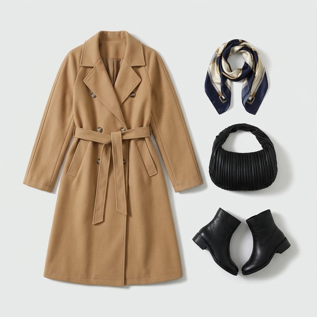 Woman wearing Snuvelle double-breasted belted trench coat with lapel collar