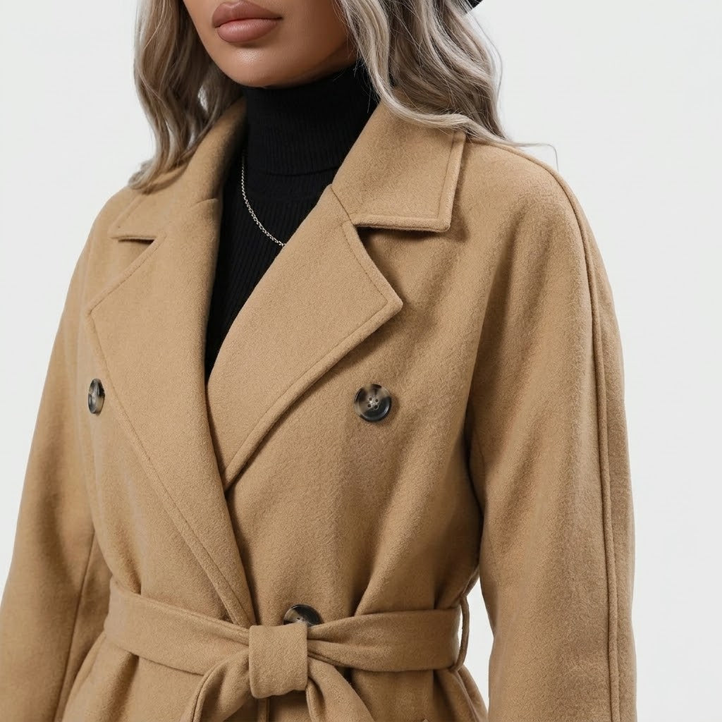 Woman wearing Snuvelle double-breasted belted trench coat with lapel collar