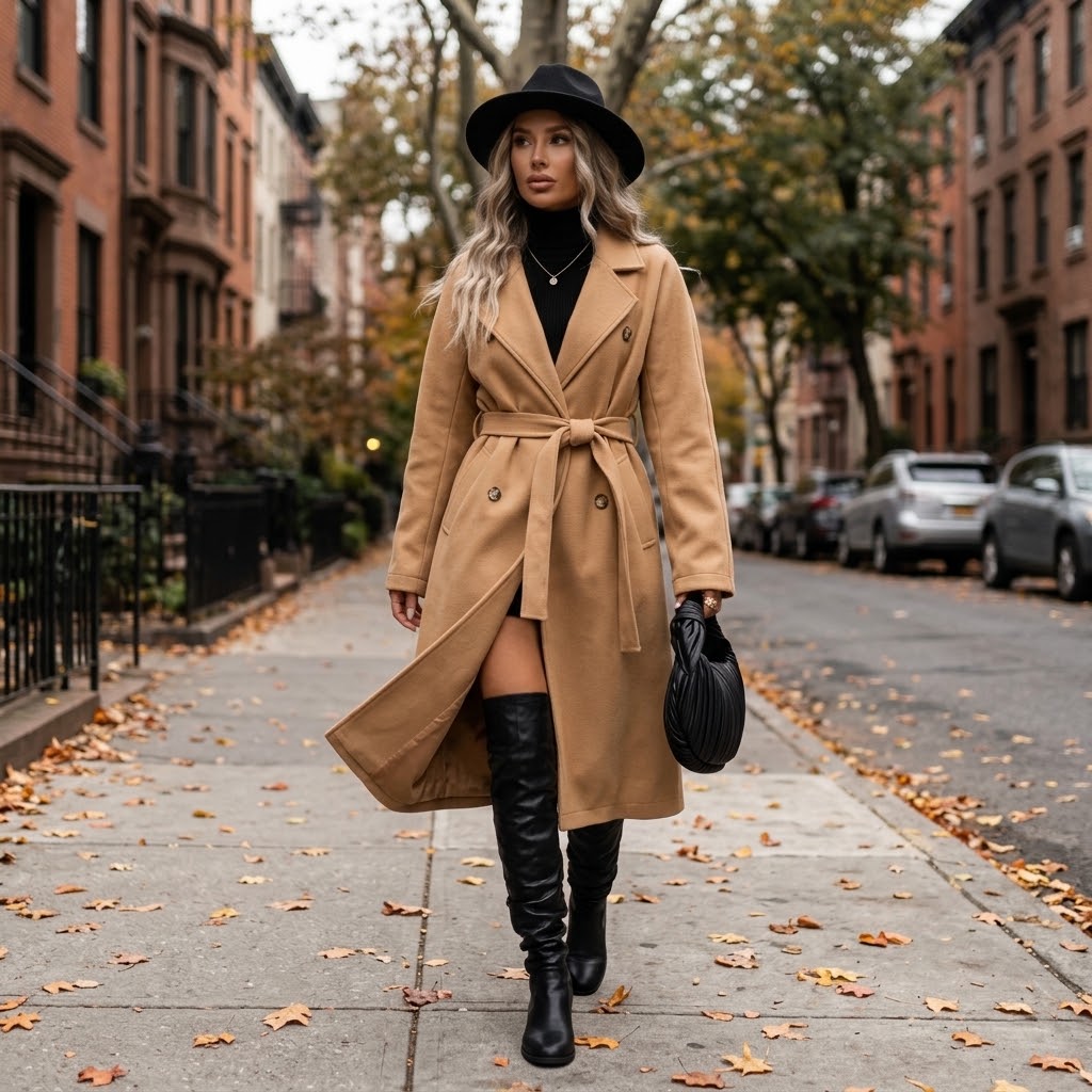 Woman wearing Snuvelle double-breasted belted trench coat with lapel collar