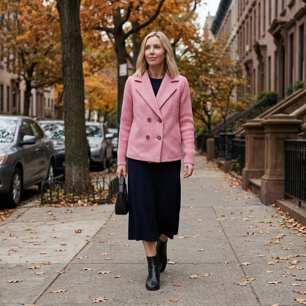 Woman wearing Snuvelle double-breasted lapel coat with knit sleeves