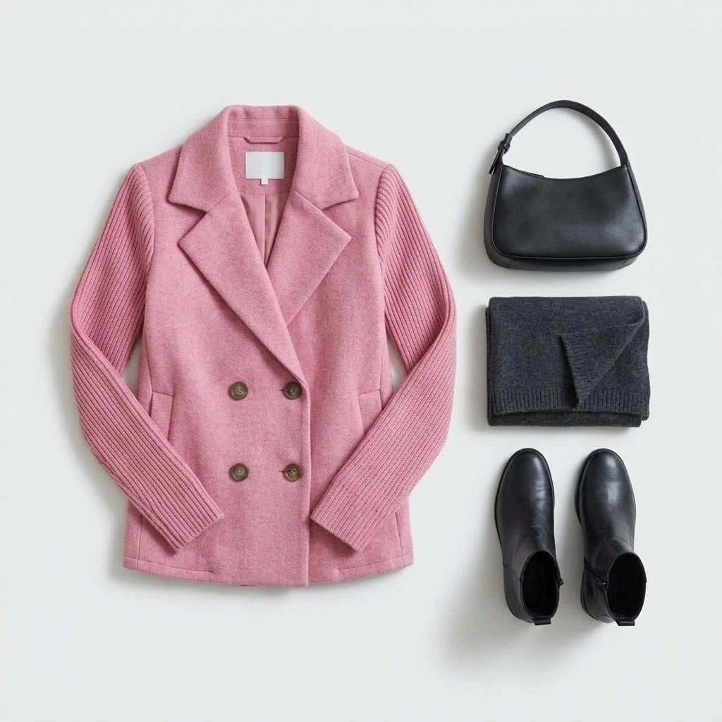 Woman wearing Snuvelle double-breasted lapel coat with knit sleeves