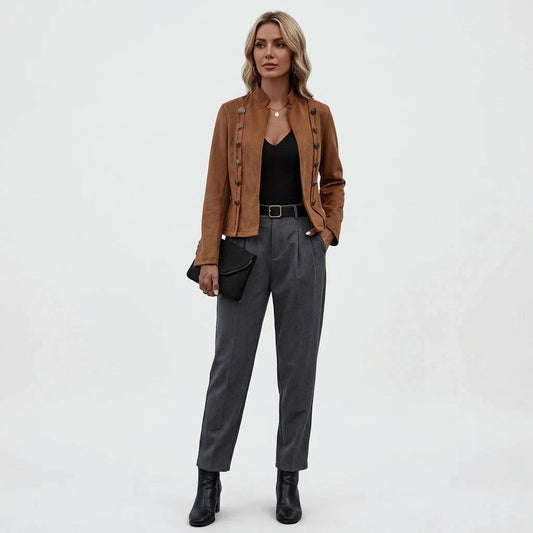 Woman wearing Snuvelle faux suede double-breasted short jacket with stand collar