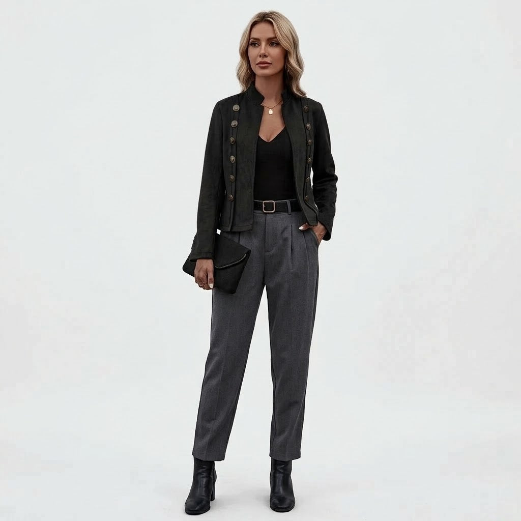 Woman wearing Snuvelle faux suede double-breasted short jacket with stand collar