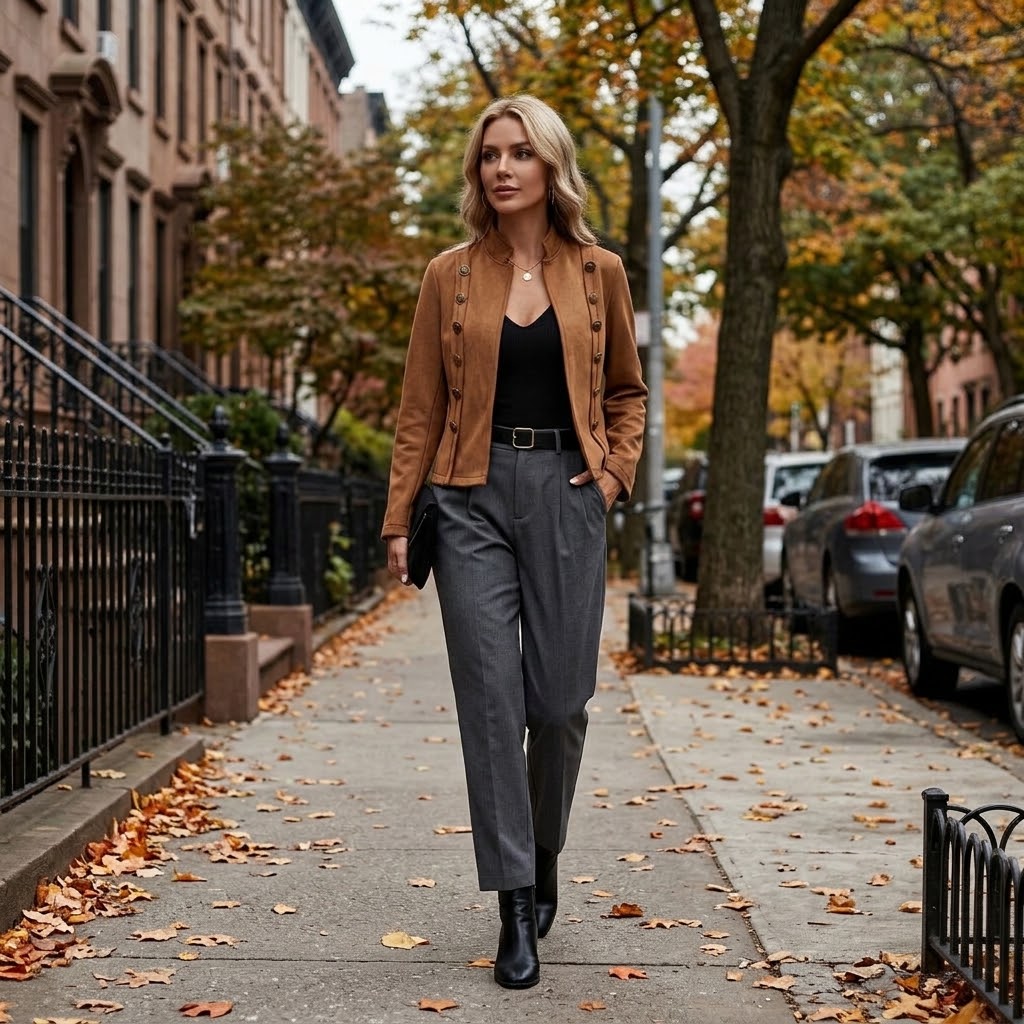 Woman wearing Snuvelle faux suede double-breasted short jacket with stand collar