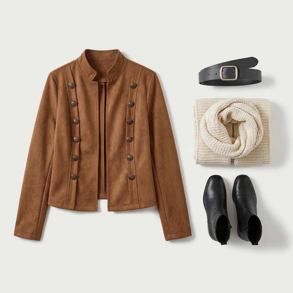 Woman wearing Snuvelle faux suede double-breasted short jacket with stand collar