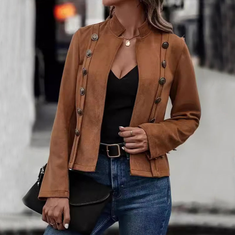 Woman wearing Snuvelle faux suede double-breasted short jacket with stand collar