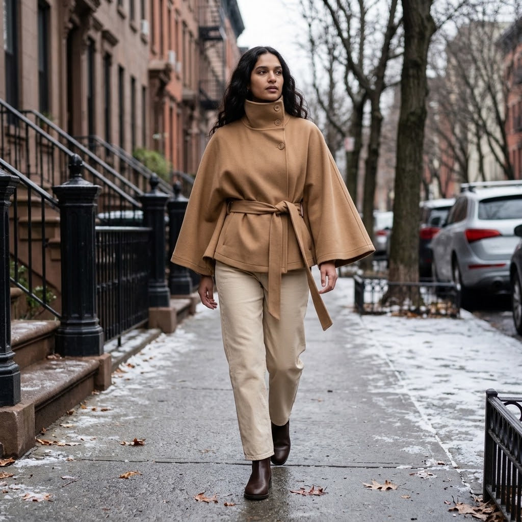 Woman wearing Snuvelle high neck batwing belted coat in a solid color