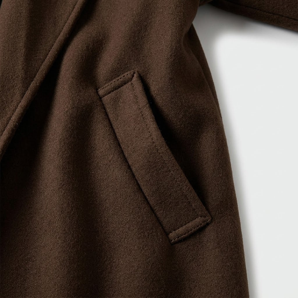 Woman wearing Snuvelle long single-breasted lapel coat with pockets