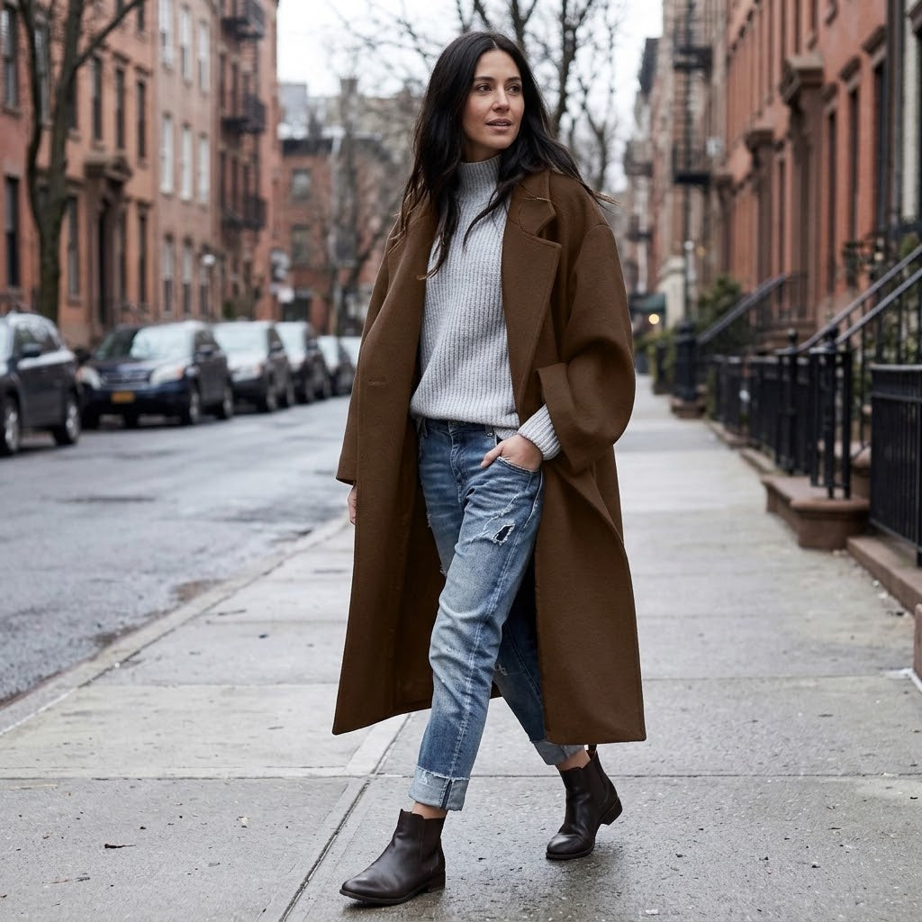 Woman wearing Snuvelle long single-breasted lapel coat with pockets
