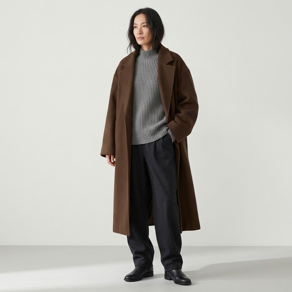 Woman wearing Snuvelle long single-breasted lapel coat with pockets