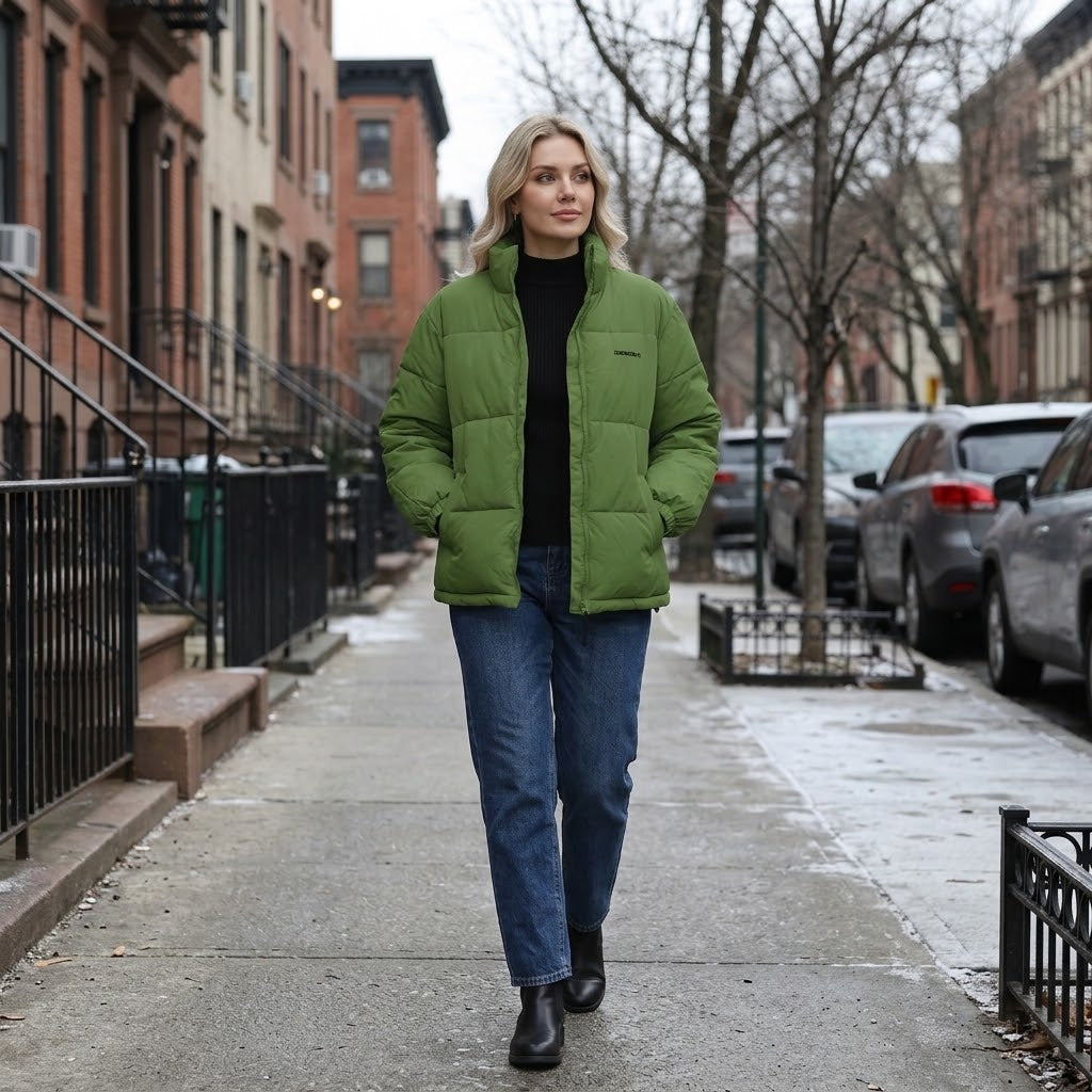 Woman wearing Snuvelle loose fit thick winter jacket in a solid color