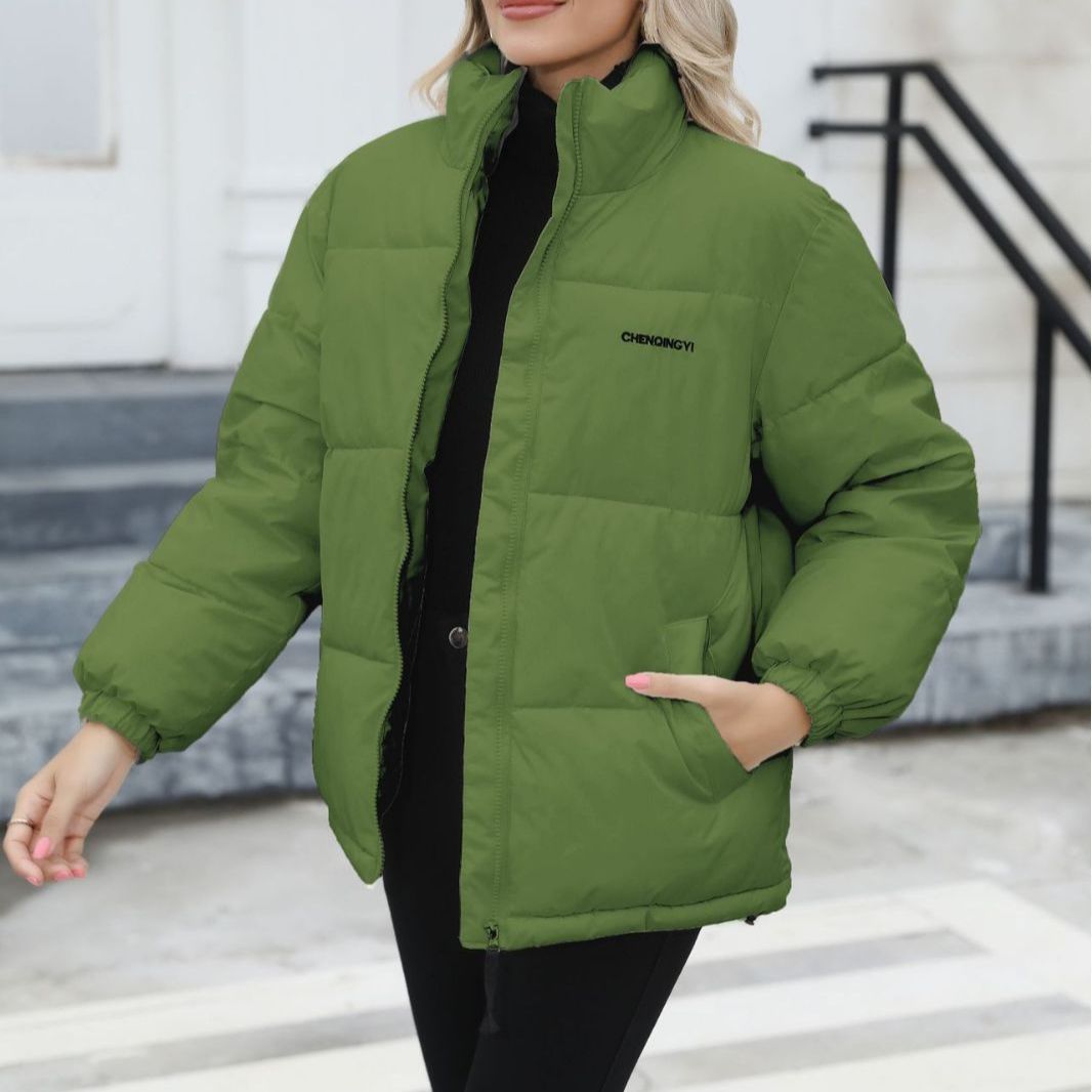 Woman wearing Snuvelle loose fit thick winter jacket in a solid color