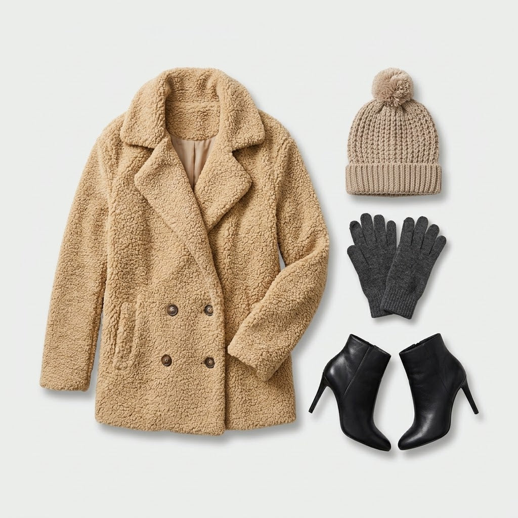 Woman wearing Snuvelle loose fluffy lapel button coat in a soft textured fabric
