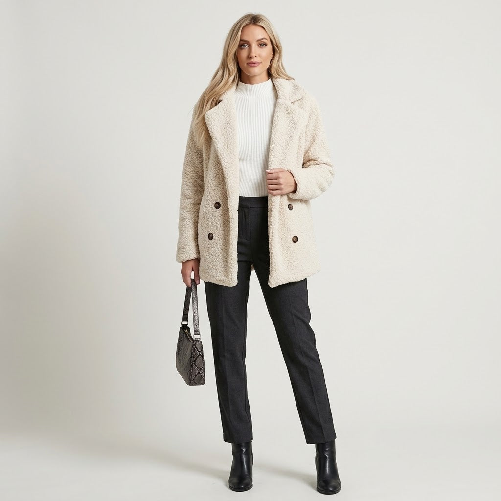 Woman wearing Snuvelle loose fluffy lapel button coat in a soft textured fabric
