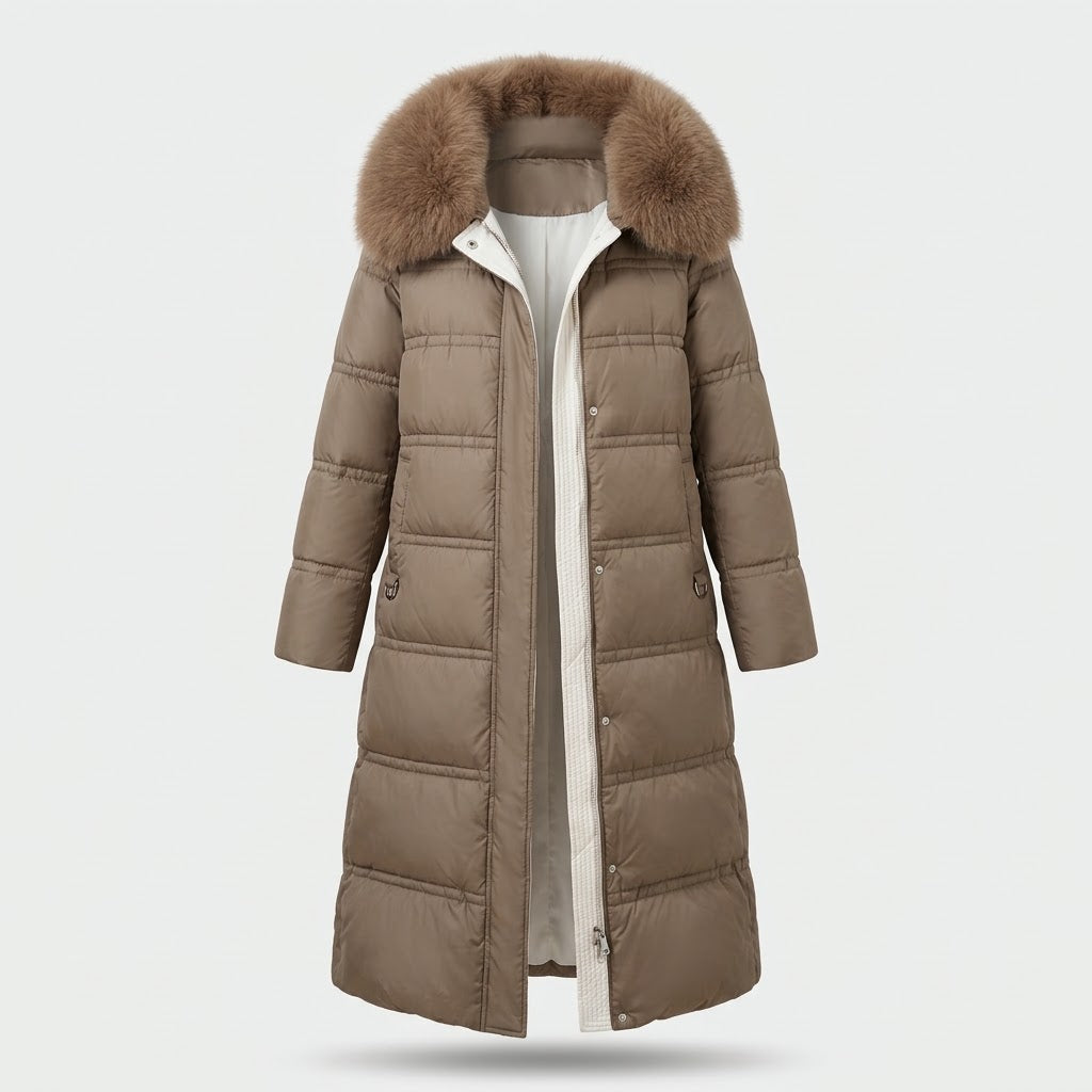 Woman wearing Snuvelle slim belted hooded winter coat with fur-trimmed hood