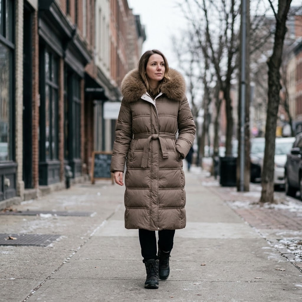 Woman wearing Snuvelle slim belted hooded winter coat with fur-trimmed hood