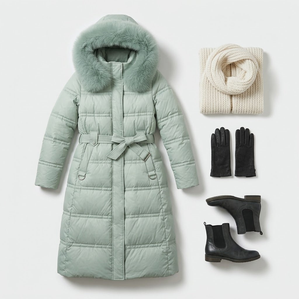 Woman wearing Snuvelle slim belted hooded winter coat with fur-trimmed hood