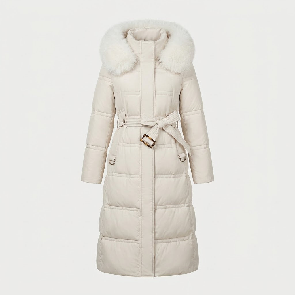 Woman wearing Snuvelle slim belted hooded winter coat with fur-trimmed hood