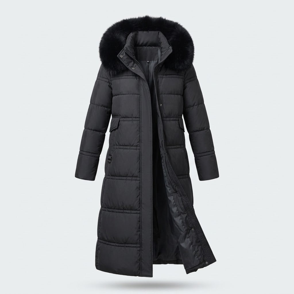 Woman wearing Snuvelle slim belted hooded winter coat with fur-trimmed hood
