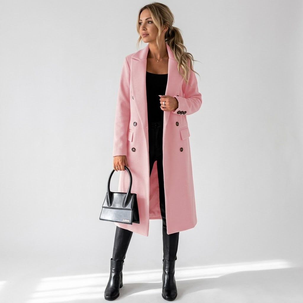 Woman wearing Snuvelle slim double-breasted lapel coat in a solid color