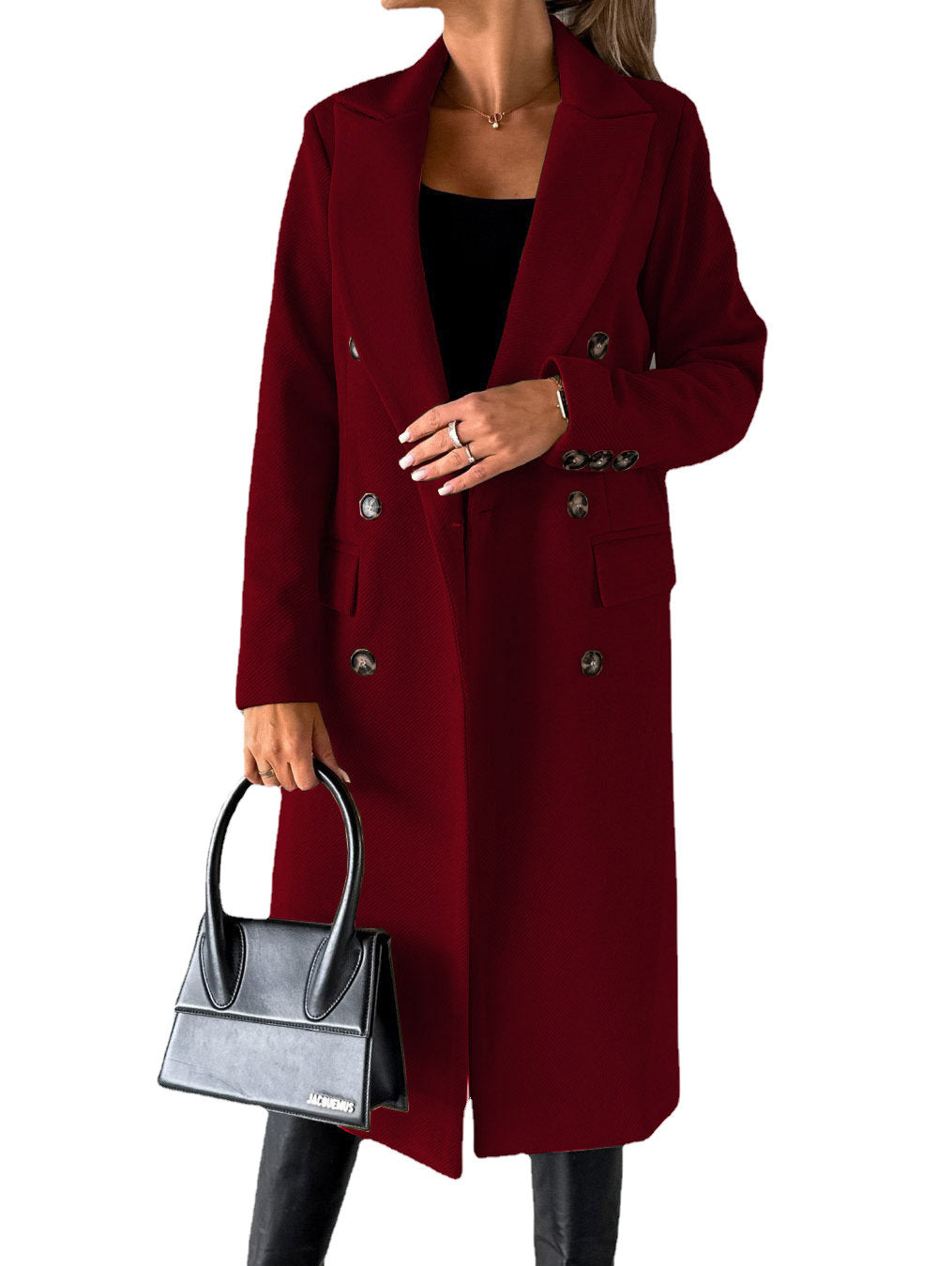 Woman wearing Snuvelle slim double-breasted lapel coat in a solid color