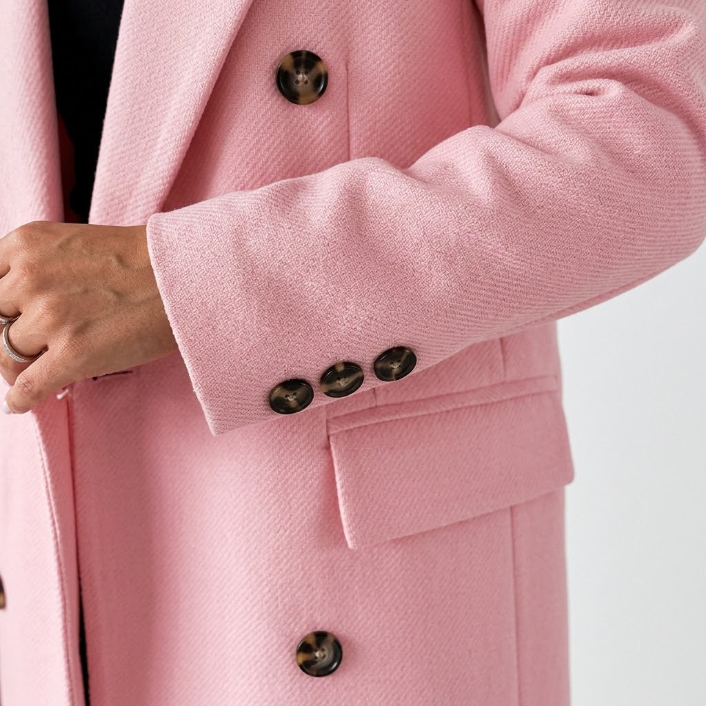 Woman wearing Snuvelle slim double-breasted lapel coat in a solid color