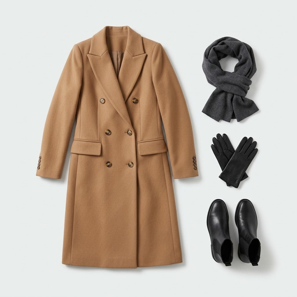 Woman wearing Snuvelle slim double-breasted lapel coat in a solid color