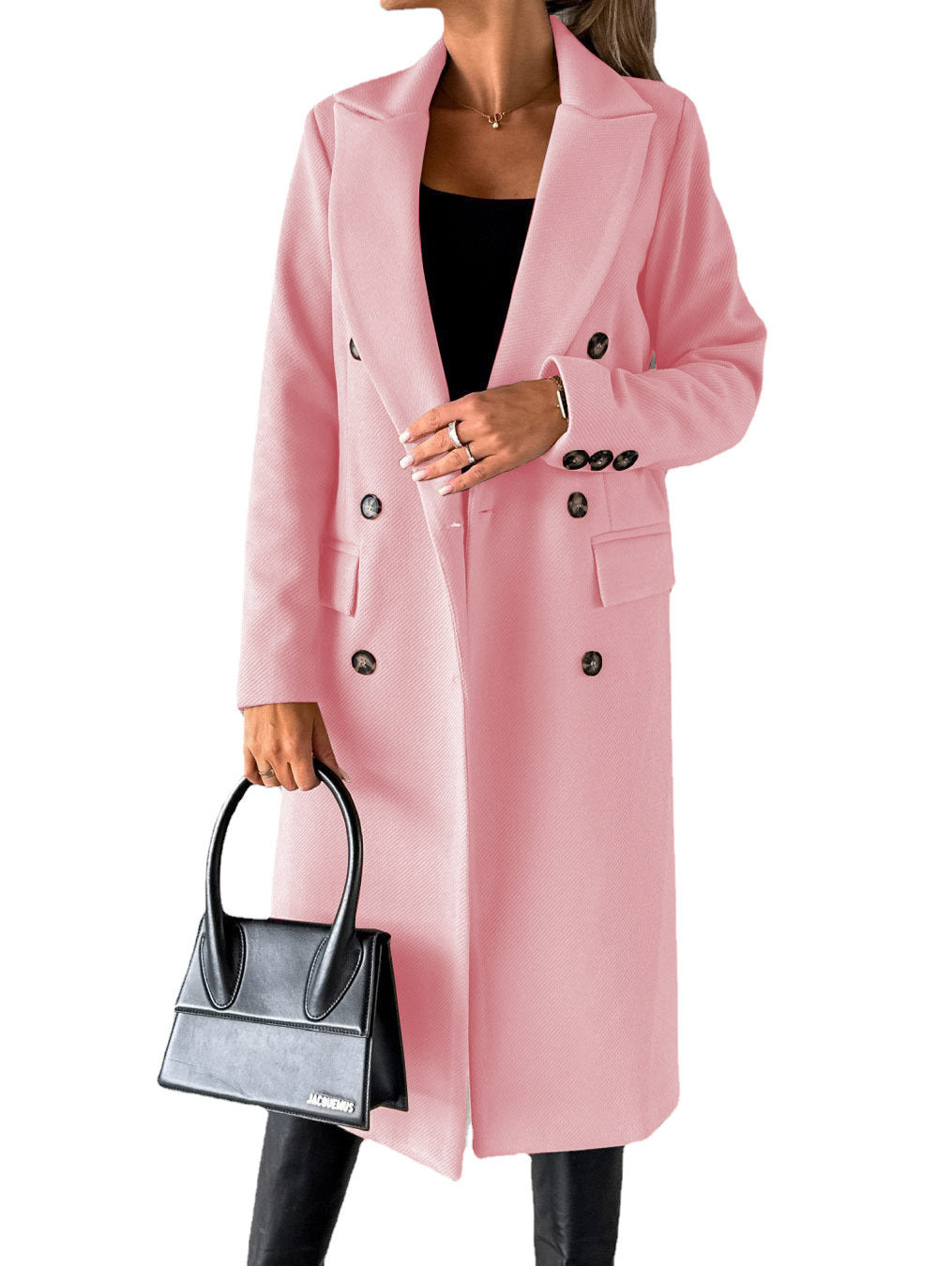 Woman wearing Snuvelle slim double-breasted lapel coat in a solid color