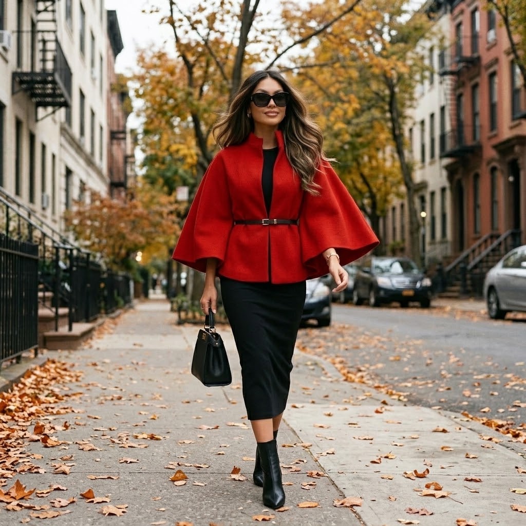 Woman wearing Snuvelle stand collar batwing belted jacket in a solid color
