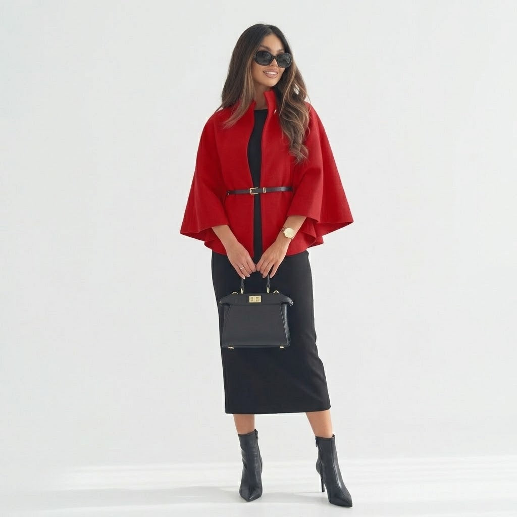 Woman wearing Snuvelle stand collar batwing belted jacket in a solid color