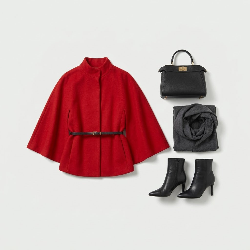 Woman wearing Snuvelle stand collar batwing belted jacket in a solid color