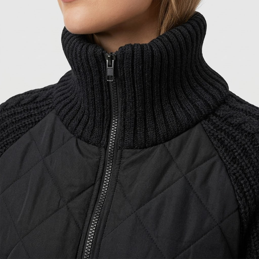 Woman wearing Snuvelle stand collar zip-up winter jacket with pockets