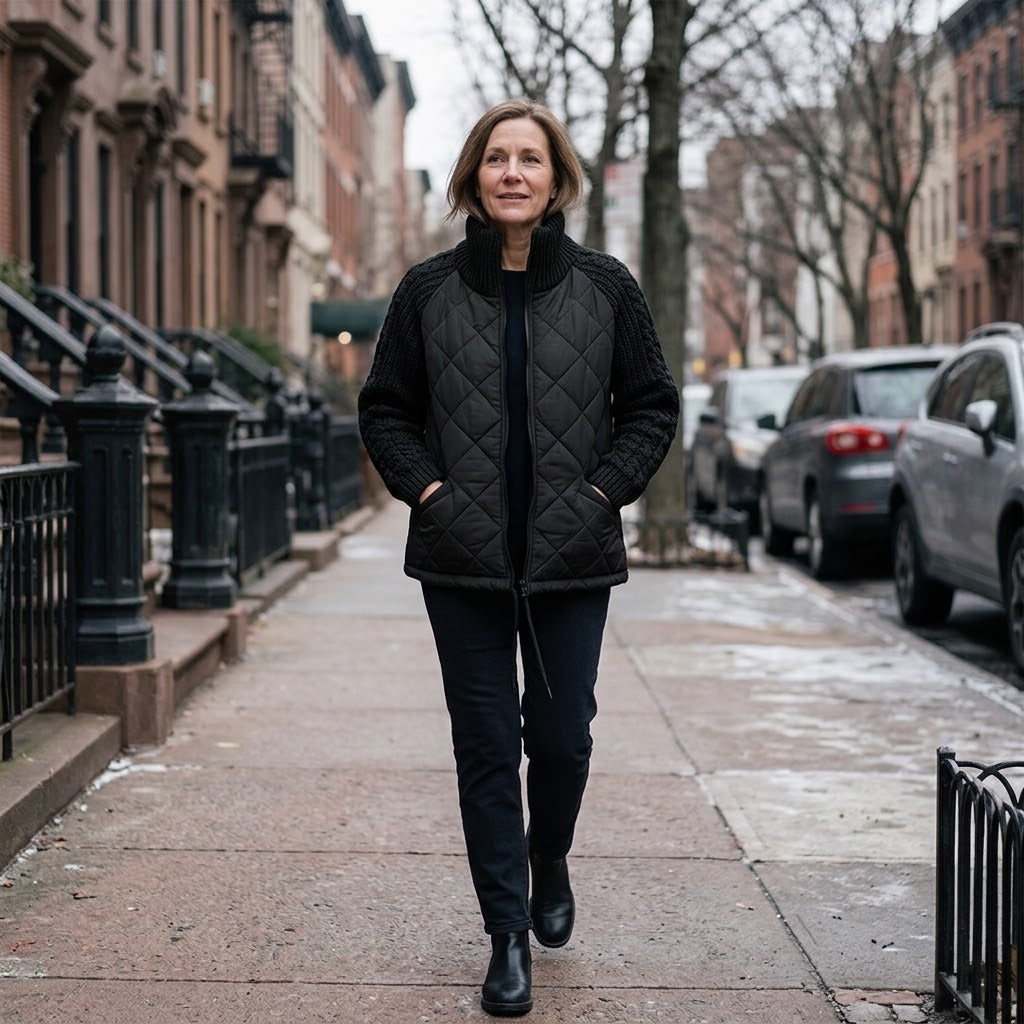 Woman wearing Snuvelle stand collar zip-up winter jacket with pockets